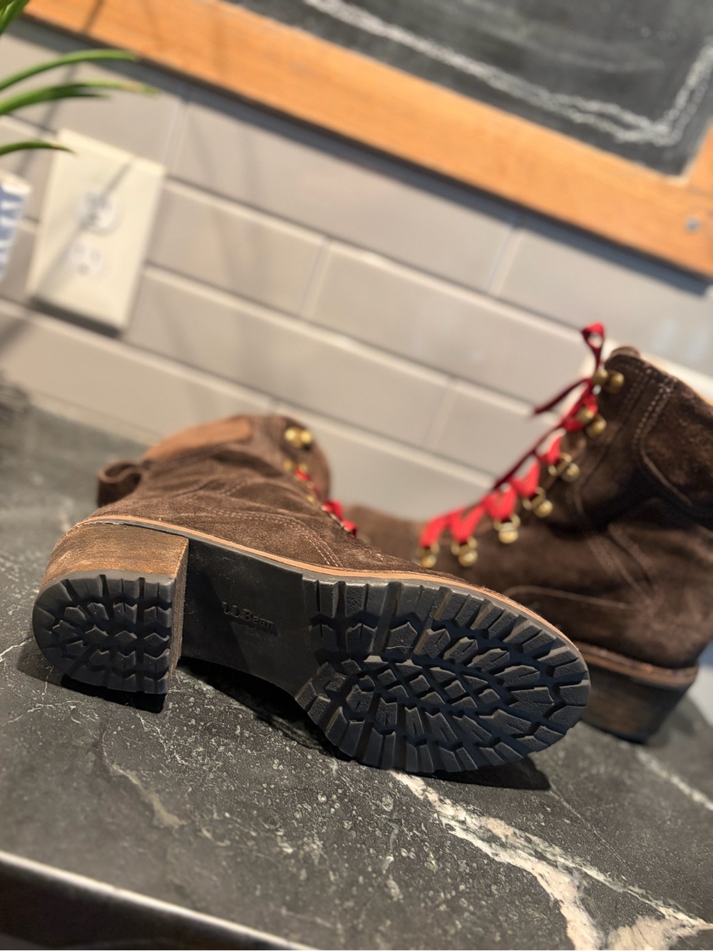 L.L. Bean Deerfield Alpine Brown Suede Lace-Up Ankle Boots with Red Laces - Picture 7 of 11